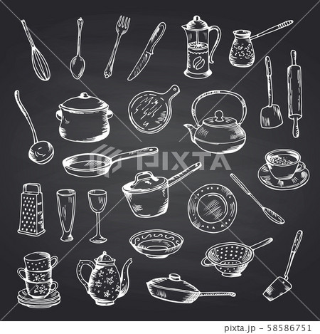 Vector set of hand drawn kitchen utensils on black chalkboard illustration 58586751