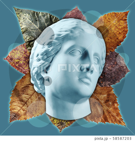 Contemporary art concept collage with antique statue head in a surreal style. Modern unusual art. 58587203