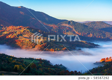 beautiful autumn landscape with valley fog 58587292