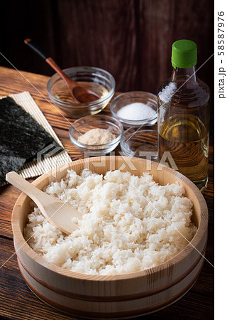 jaoanese sushi rice in wooden bowl with jaoanese sushi rice in wooden bowl with 58587976