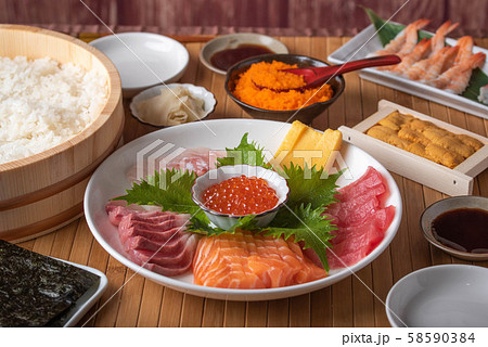 temaki-sushi, ingredients of japanese home  hand 58590384