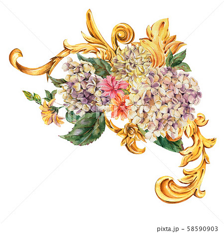 Watercolor golden baroque floral curl, hydrangea, 58590903