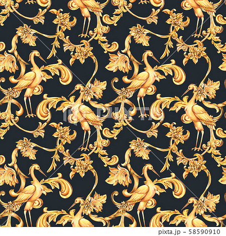 Watercolor golden baroque crane seamless pattern, 58590910