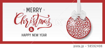 Merry Christmas and Happy New Year. Background with Ball, Pearls, Bow and and Text Calligraphic 58592406