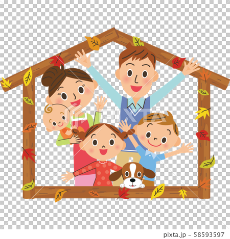 秋天的落葉和房屋框架和親密的家人 58593597