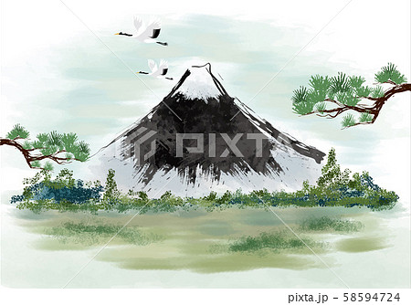 年賀状 富士山 富士 松 墨絵 水墨 風景 年賀状 和風 和柄 和 手描き 山 のイラスト素材