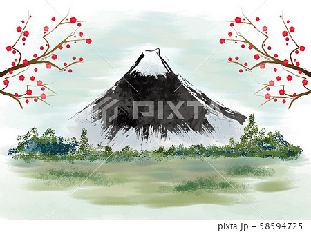 年賀状 富士山 富士 松 墨絵 水墨 風景 年賀状 和風 和柄 和 手描き 山 のイラスト素材