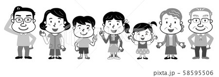 三世代家族　モノクロ　イラスト 58595506