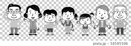 三世代家族　モノクロ　イラスト 58595506
