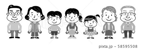 三世代家族　モノクロ　イラスト 58595508