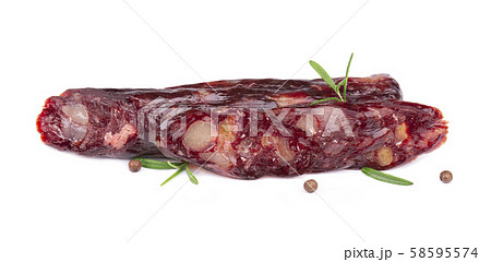 Horse sausage. Tasty dried sausage, close-up, isolated on white background. Horse sausage. Tasty dried sausage, close-up, isolated on white background. 58595574