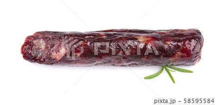 Horse sausage. Tasty dried sausage, close-up, isolated on white background. Horse sausage. Tasty dried sausage, close-up, isolated on white background. 58595584