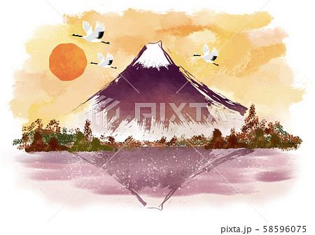 年賀状：富士山 富士 鶴 丹頂 墨絵 水墨 風景 年賀状 和風 和柄 和 手描き 山 初日の出のイラスト素材 [58596075] - PIXTA