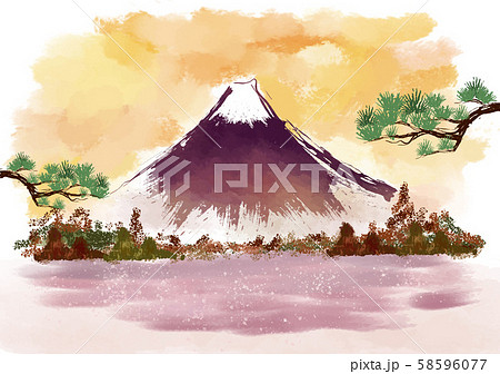 年賀状 富士山 富士 墨絵 水墨 風景 年賀状 和風 和柄 和 手描き 山 湖畔 湖 松のイラスト素材