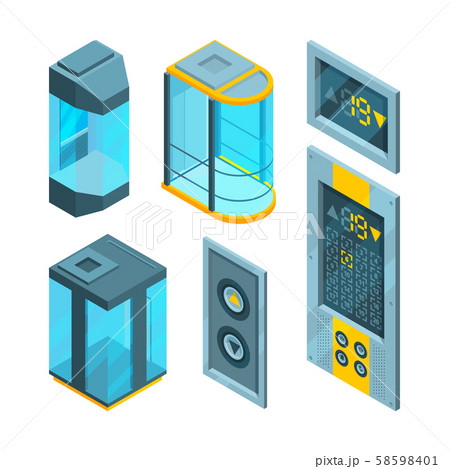 Isometric pictures set of glass elevators with steel buttons Isometric pictures set of glass elevators with steel buttons 58598401