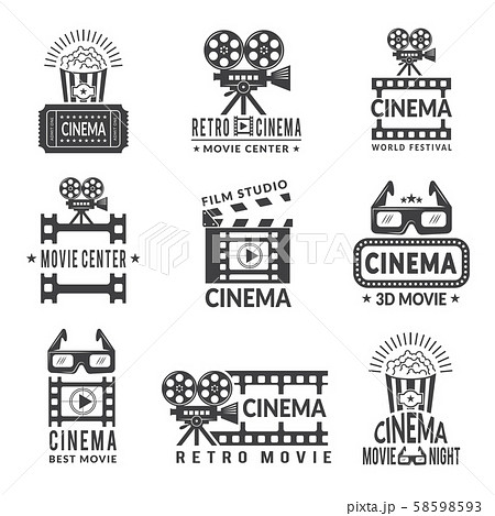 Video labels set. Cinema production badges in monochrome style Video labels set. Cinema production badges in monochrome style 58598593
