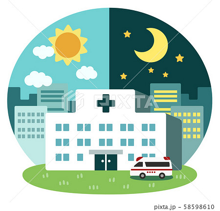 街の病院 昼と夜の風景 ベクターイラストのイラスト素材