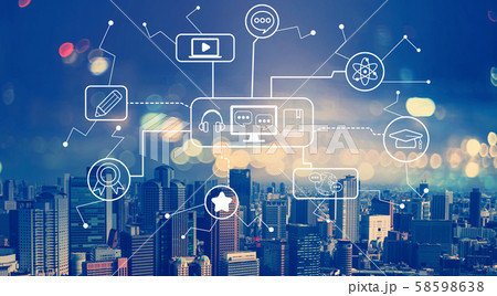 E-learning concept with aerial view of city skylines 58598638