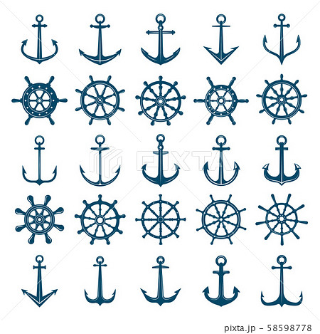 Wheels ship anchors icon. Steering wheels boat and ship anchors marine and navy symbols. Vector 58598778