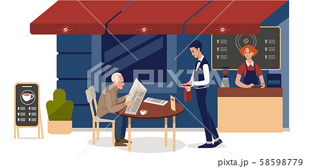 Sidewalk Cafe. Senior man reading newspaper in outdoors cafe. Colorful flat cartoon style isolated 58598779