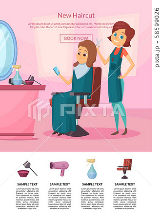 Vector landing page illustration with hairdresser doing a haircut to a client in salon with table Vector landing page illustration with hairdresser doing a haircut to a client in salon with table 58599026