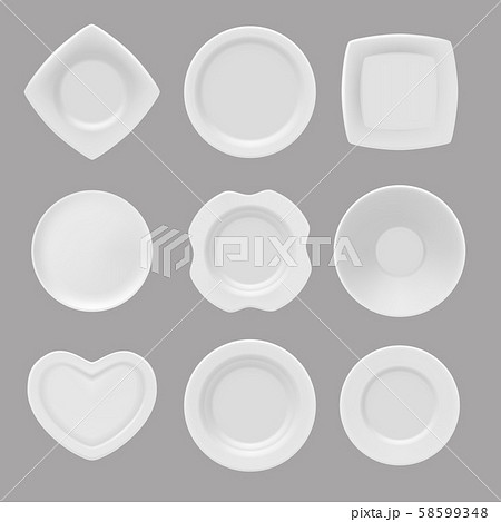 Vector dishware. Realistic pictures of various plates Vector dishware. Realistic pictures of various plates 58599348