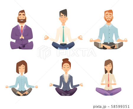 Businessman yoga. Man and woman relaxing meditation at workspace table vector concept cartoon 58599351