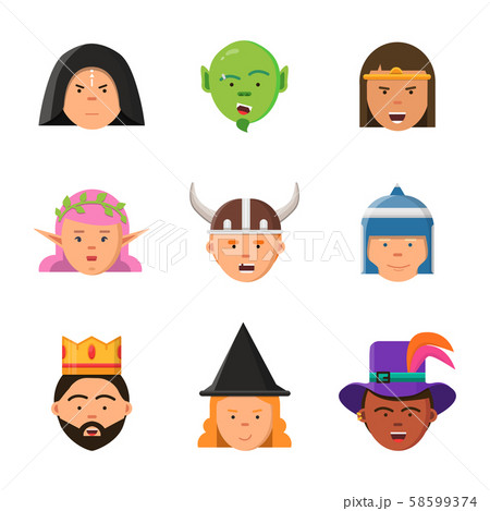 Fantasy game avatars. Fairy tale characters elf wizard king warrior goblin princess vector portraits Fantasy game avatars. Fairy tale characters elf wizard king warrior goblin princess vector portraits 58599374