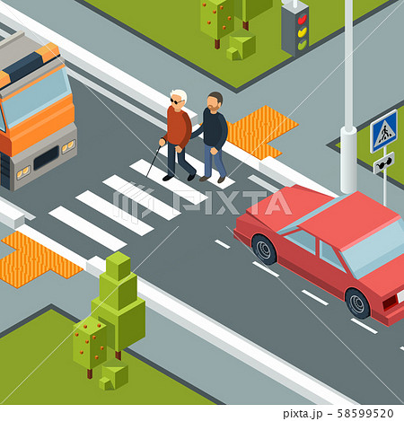 Care person crossing street. Urban city crosswalk of disabilities man with helper vector isometric Care person crossing street. Urban city crosswalk of disabilities man with helper vector isometric 58599520