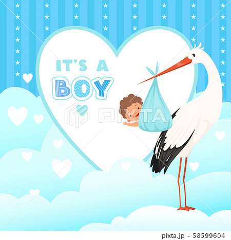 Shower card with stork. Flying bird with newborn baby gift. Vector cartoon background for labels 58599604