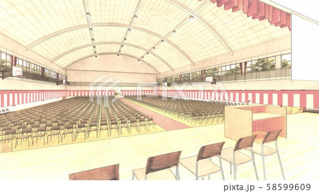 体育館　卒業式　椅子あり　カーテン赤　イラスト10-10 58599609