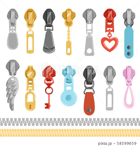 Metallic zippers. Vector tools for clothes set 58599659