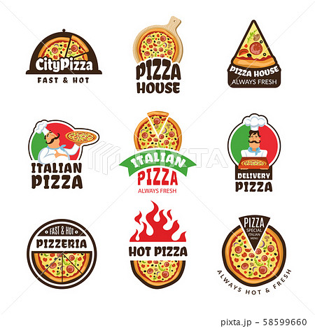 Pizzeria logo. Italian pizza ingredients restaurant cook trattoria lunch colored vector labels or Pizzeria logo. Italian pizza ingredients restaurant cook trattoria lunch colored vector labels or 58599660
