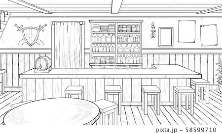 ファンタジー背景素材 酒場線画のみのイラスト素材