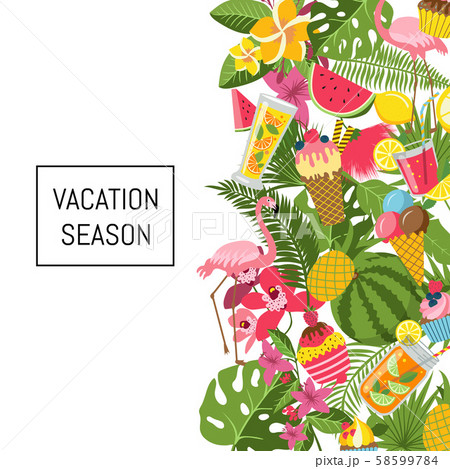 Summer cocktails, flamingo, palm leaves background with Summer cocktails, flamingo, palm leaves background with 58599784