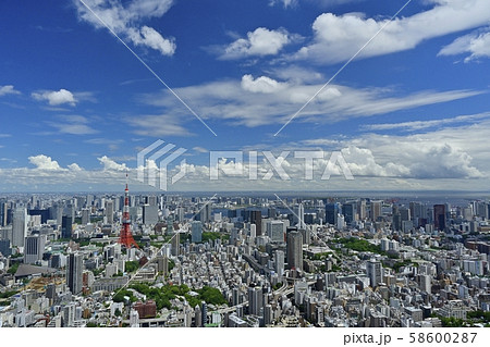 六本木ヒルズ森タワー屋上展望台からの東京タワーと東京の街並み俯瞰　 58600287