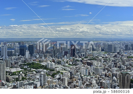 六本木ヒルズ森タワー屋上展望台からの東京湾と羽田空港方面の街並み俯瞰 六本木ヒルズ森タワー屋上展望台からの東京湾と羽田空港方面の街並み俯瞰 58600316