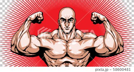 ハゲ,バーコード,スキンヘッド,劇画,漫画,筋肉,ボディビル,マッチョ,ポーズ,正面,白背景, 58600481