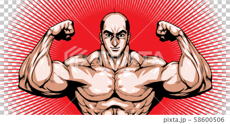 ハゲ,バーコード,スキンヘッド,劇画,漫画,筋肉,ボディビル,マッチョ,ポーズ,正面,白背景, 58600506