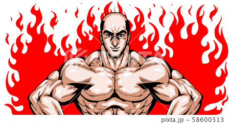 ハゲ バーコード スキンヘッド 劇画 漫画 筋肉 ボディビル マッチョ ポーズ 正面 白背景 のイラスト素材