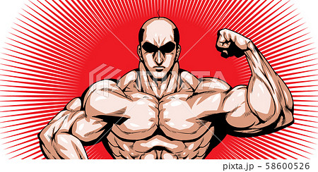ハゲ,バーコード,スキンヘッド,劇画,漫画,筋肉,ボディビル,マッチョ,ポーズ,正面,白背景, 58600526