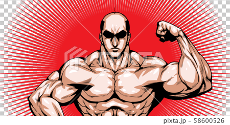 ハゲ,バーコード,スキンヘッド,劇画,漫画,筋肉,ボディビル,マッチョ,ポーズ,正面,白背景, 58600526