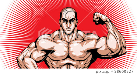 ハゲ バーコード スキンヘッド 劇画 漫画 筋肉 ボディビル マッチョ ポーズ 正面 白背景 のイラスト素材