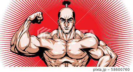 ちょんまげ マゲ 髷 サムライ 侍 劇画 漫画 筋肉 ボディビル マッチョ ポーズ 正面 白背景 のイラスト素材