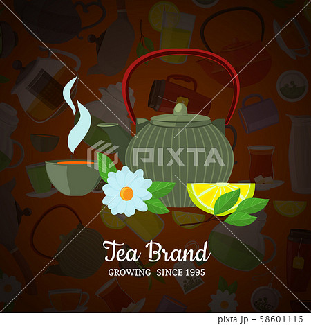 Vector cartoon tea kettles and cups background with place for text illustration Vector cartoon tea kettles and cups background with place for text illustration 58601116