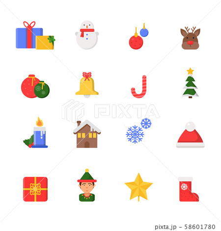 Christmas decoration symbols. Winter north star tree gifts ribbons boots vector icons in flat style 58601780