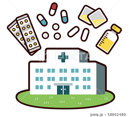 病院の建物 様々な薬 錠剤 ベクターイラストのイラスト素材