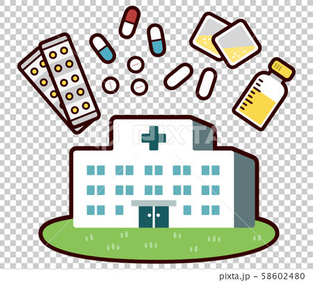 病院の建物 様々な薬 錠剤 ベクターイラストのイラスト素材