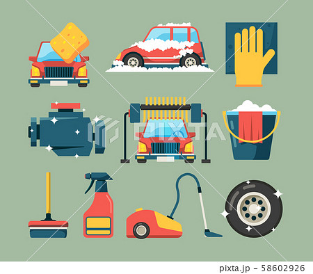 Car wash service. Dirty machines in clean building water bucket wiping sponge vector icons cartoon Car wash service. Dirty machines in clean building water bucket wiping sponge vector icons cartoon 58602926