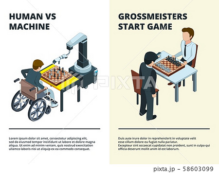 Chess game banners. Gamers playing at board tactical game various figures rook knight queen 58603099
